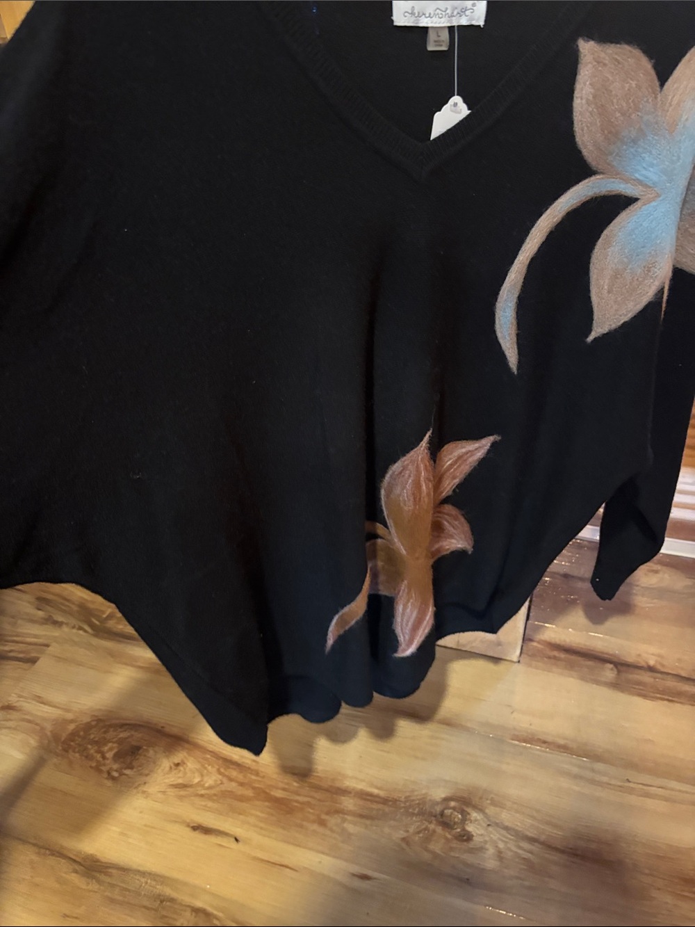 Cherokee Black V-Neck Sweater with Tan and Light Blue Floral Accents